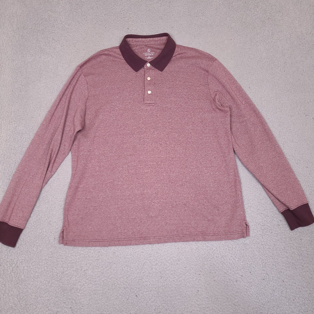 Lands End Mens Large Long Sleeve Polo Shirt Supima Burgundy Traditional Fit